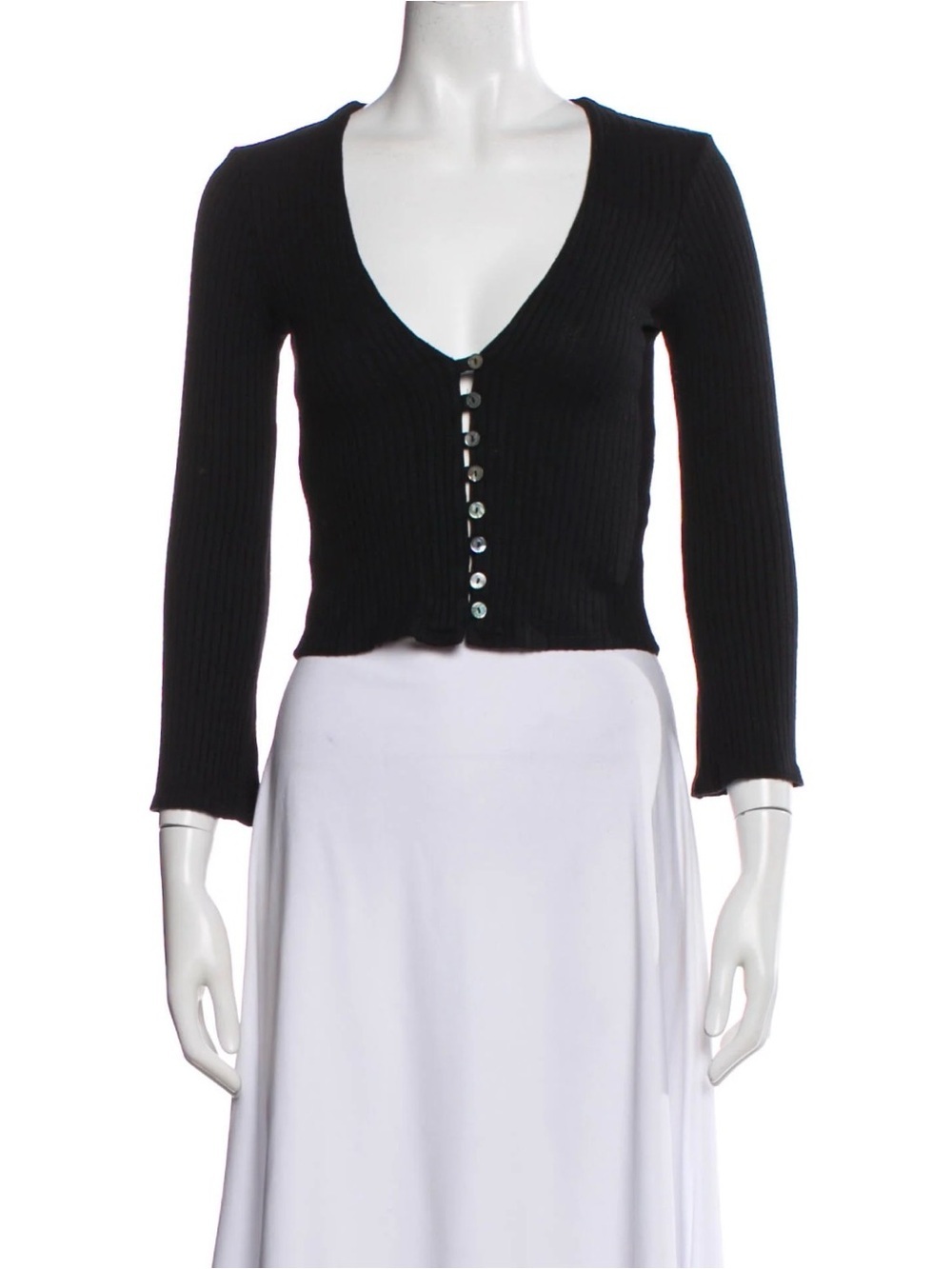 Reformation Black Ribbed V-Neck Button-Front Top